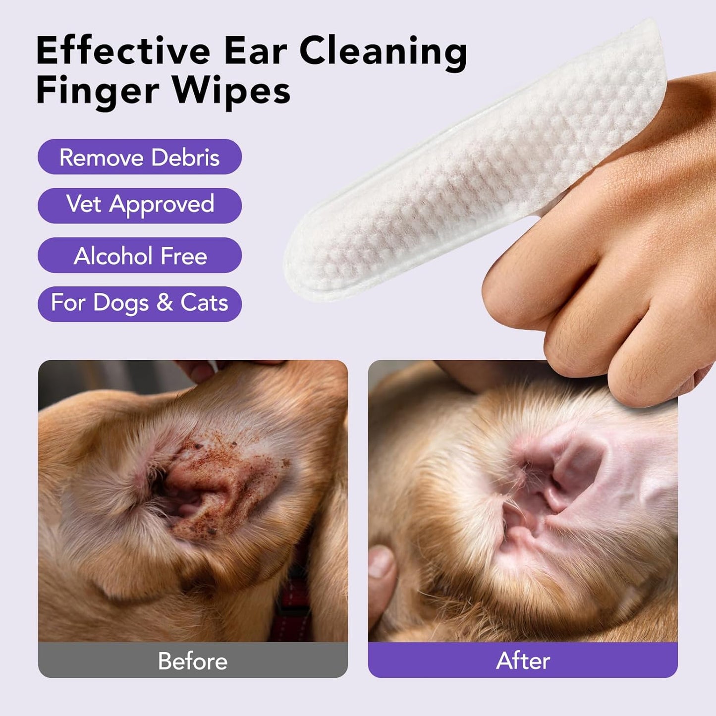 Ear Finger Wipes for Dogs & Cats - Gently Remove Ear Wax, Debris - Sooths & Deodorizes - Relieve Ear Itching & Inflammation, Fresh Coconut Scent, All Natural Ingredients - 100 Count