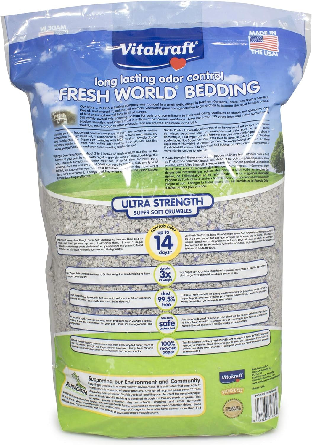 Vitakraft Fresh World Small Animal Bedding - Ultra Strength - Pet Bedding for Litter Boxes and Cages (16 L),Gray, 975 cu in