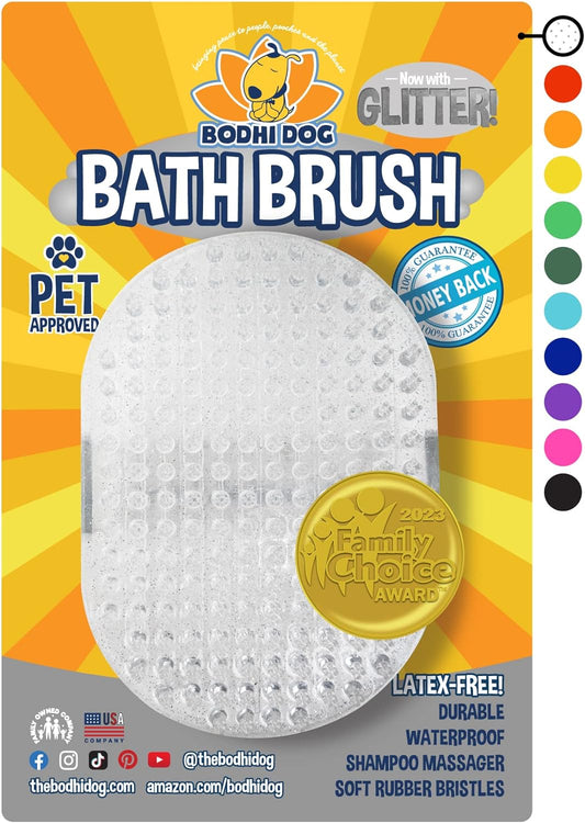 Bodhi Dog Shampoo Brush | Pet Shower & Bath Supplies for Cats & Dogs | Dog Bath Brush for Dog Grooming | Dog Scrubber for Bath | Professional Quality Dog Wash Brush (One Pack, Clear Silver Glitter)