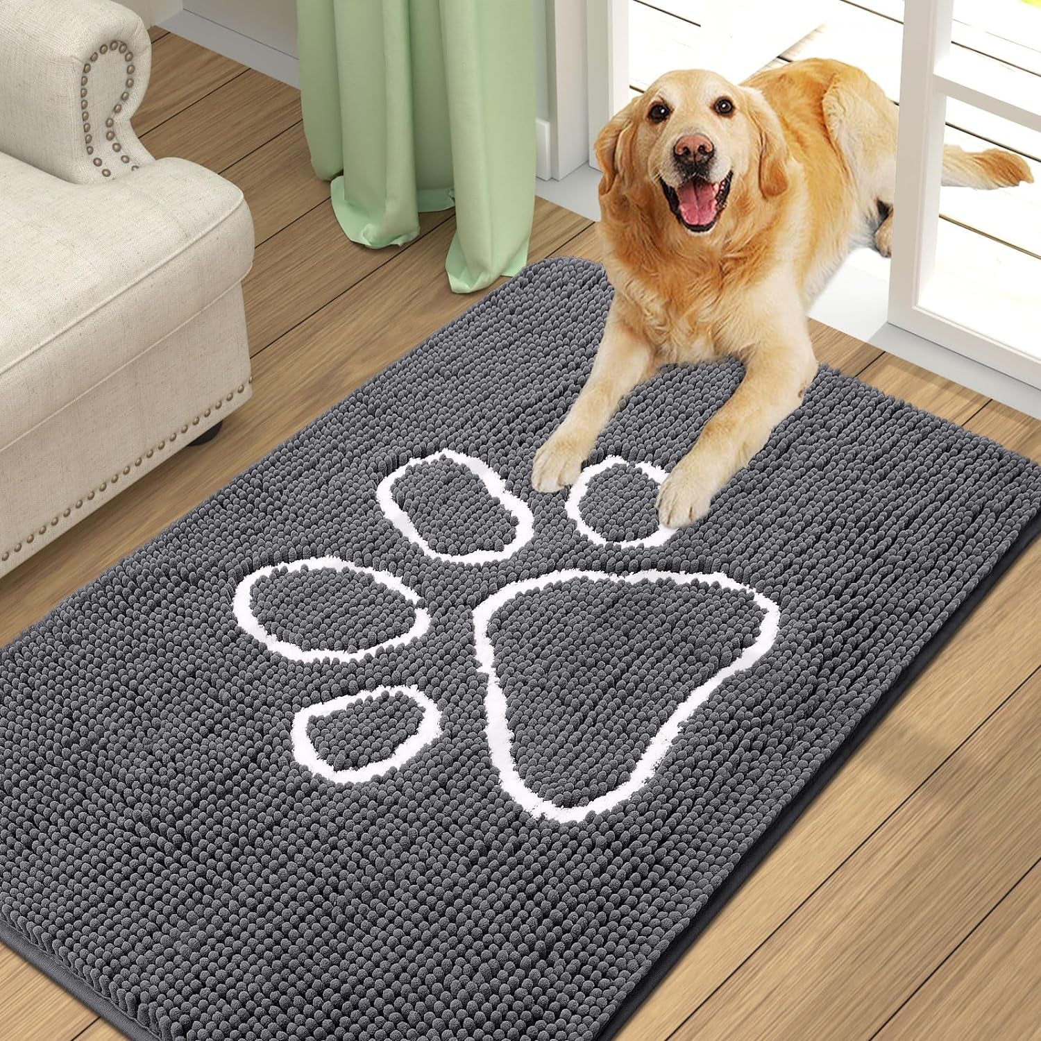 Smiry Dog Door Mat for Muddy Paws, Absorbent Dirt Trapper Non-Slip Washable Mat, Quick Dry Chenille, Mud Mat for Dogs, Entry Indoor Door Mat for inside Floor (36X24 Inches, Dark Grey)