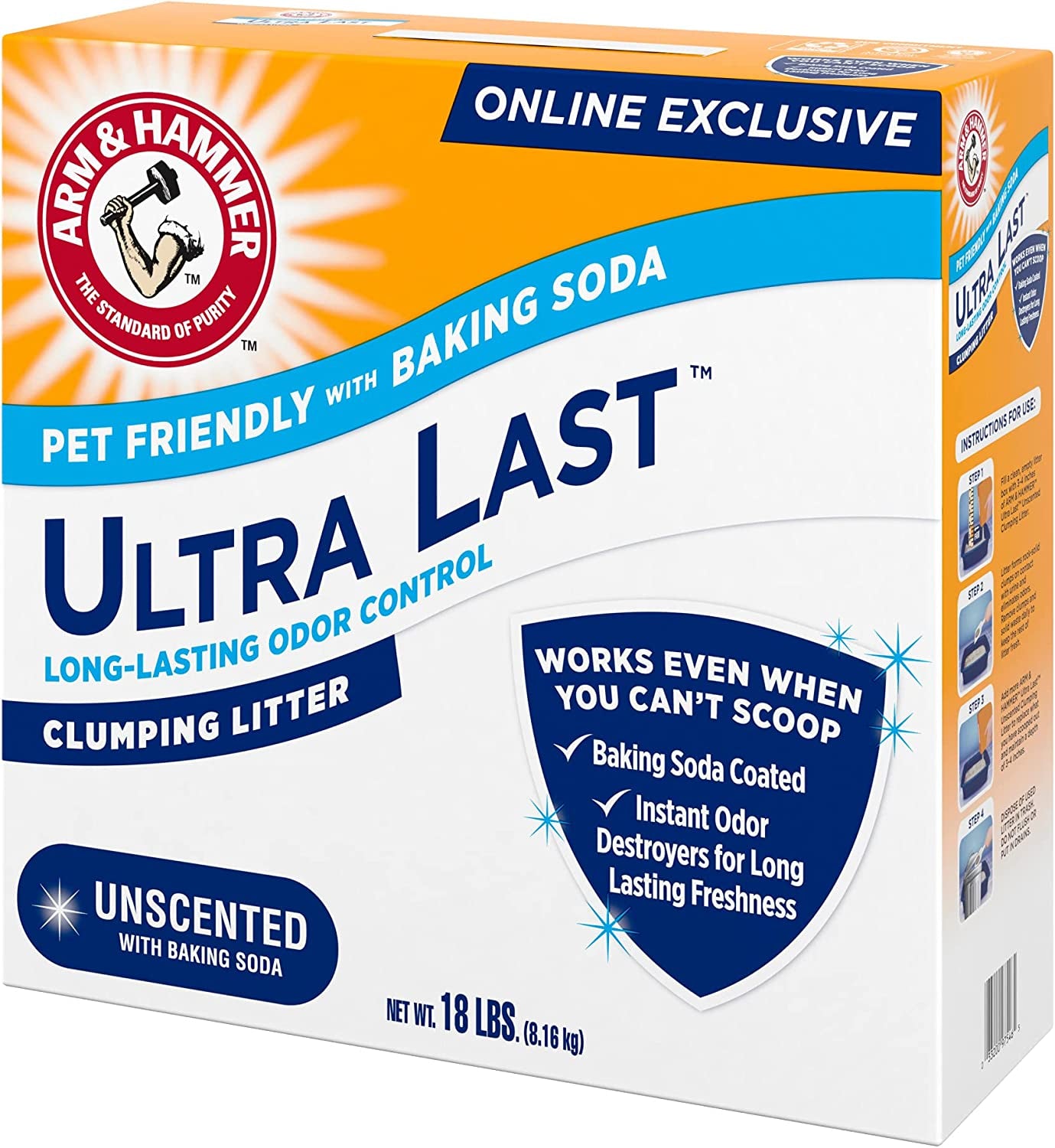 Arm & Hammer Arm Hammer Ultra Last Unscented Clumping Cat Litter, Multicat 18Lb, Pet Friendly with Baking Soda