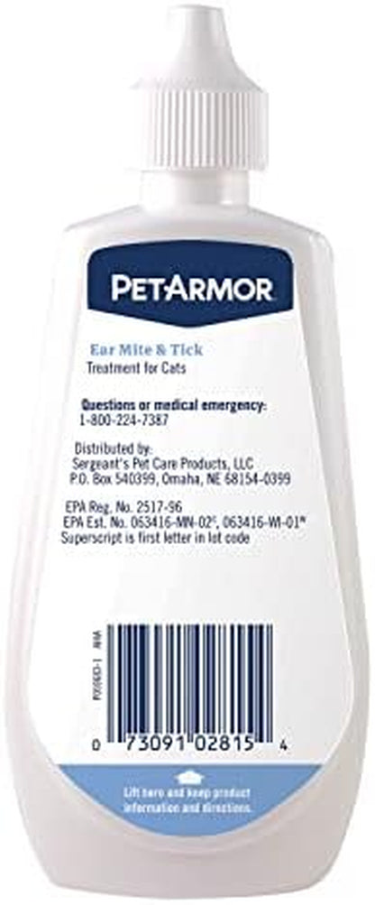 Petarmor Ear Mite Treatment for Cats, Ear Mite Medicine Kills Ticks and Ear Mites to Relieve Itchiness, Ear Mite Drops Sooths Ears with Aloe, 3Oz