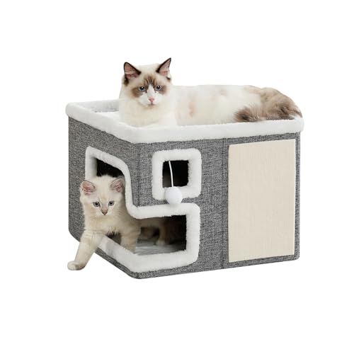Crispedia Cat Houses for Indoor Cats, Covered Cave Bed with Scratch Pad and Fluffy Ball, Foldable Cat Hideaway Condo for Large Cats, Modern Kitten Bed, 16.5x16.5x13 inches (Grey, Large)