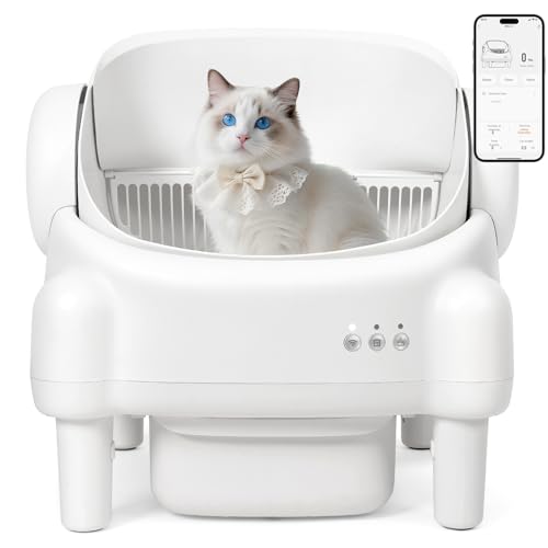 Self Cleaning Litter Box,Open Top Automatic Litter Box with App Control for Multiple Cats, Safety Sensors Protection, Odor Control Includes 2 roll Liners,Large Waste Bin, Cream White