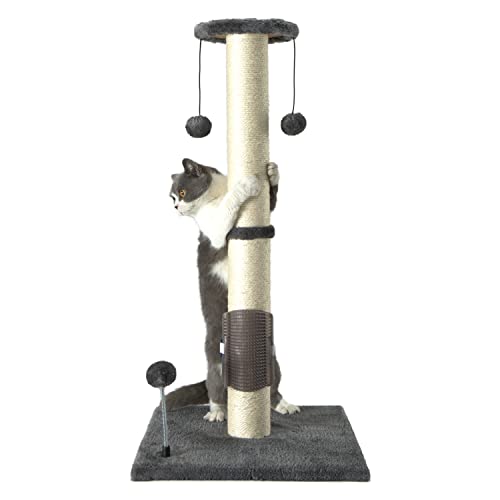 PEEKAB 32" Tall Cat Scratching Post Sisal Scratch Posts,with Hanging Ball and Self-Massage Brush Vertical Scratcher for Indoor Cats and Kittens Gray 32inches