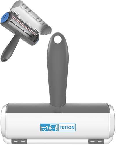 Triton Pet Hair Removal Tool w/Fur Trapping Compartment and Detachable Handle, 60% Smaller Storage Size, Reusable Shedding Roller, Cat and Dog Hair Remover for Car, Furniture, Carpet (Gray/White)