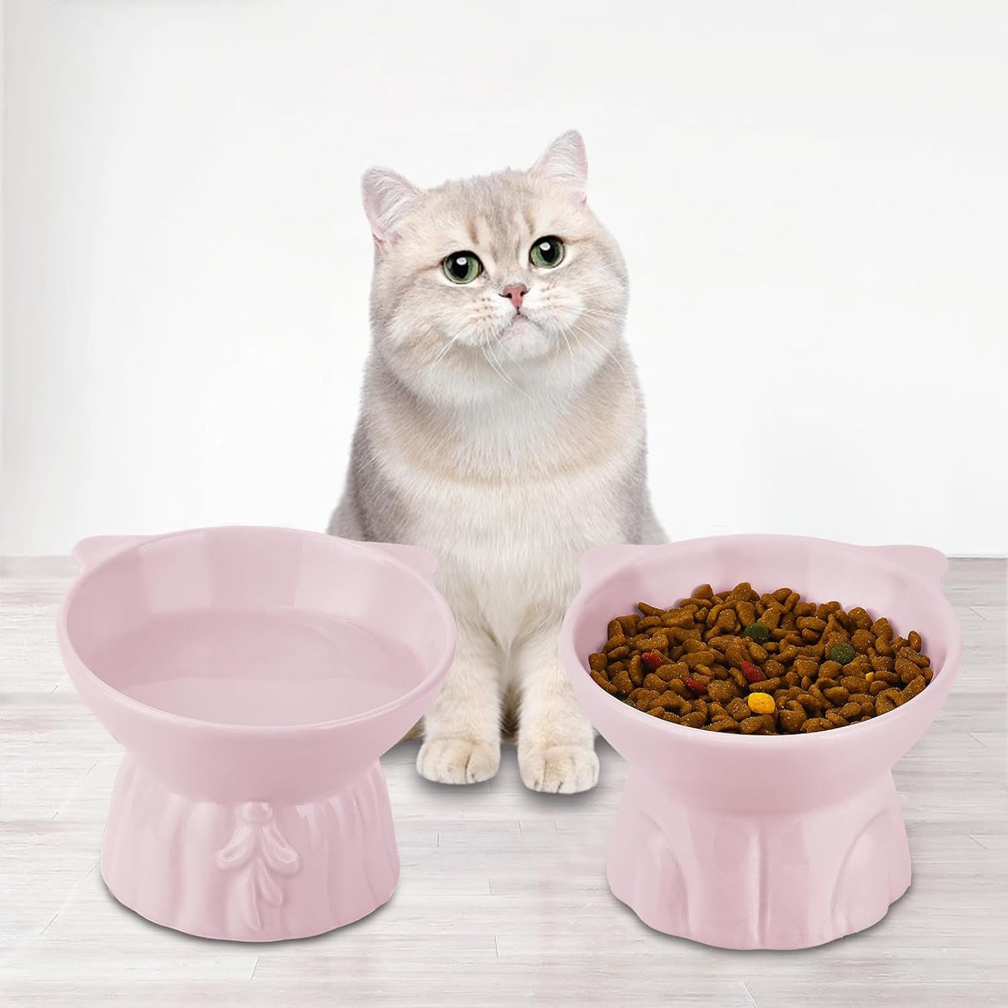 2Pcs Ceramic Elevated Cat Bowls, Extra Wide Raised Cat Bowls for Food and Water, Shallow Cat Food Dish Whisker Friendly, Anti Vomit Cat Bowl Microwave and Dishwasher Safe, Great Height for Cat (Pink)