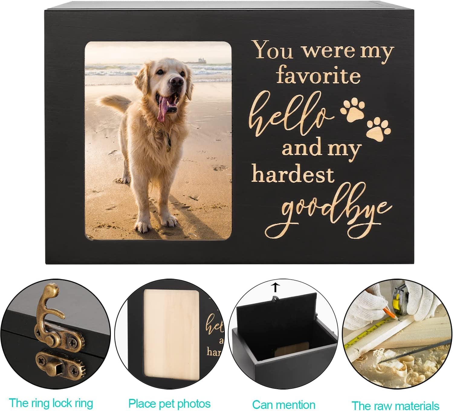 Pet Memorial Urns for Dog or Cat Ashes, Xlarge Wooden Funeral Cremation Urns with Photo Frame, Memorial Keepsake Memory Box with Black Flannel as Lining, Loss Pet Memorial Remembrance Gift