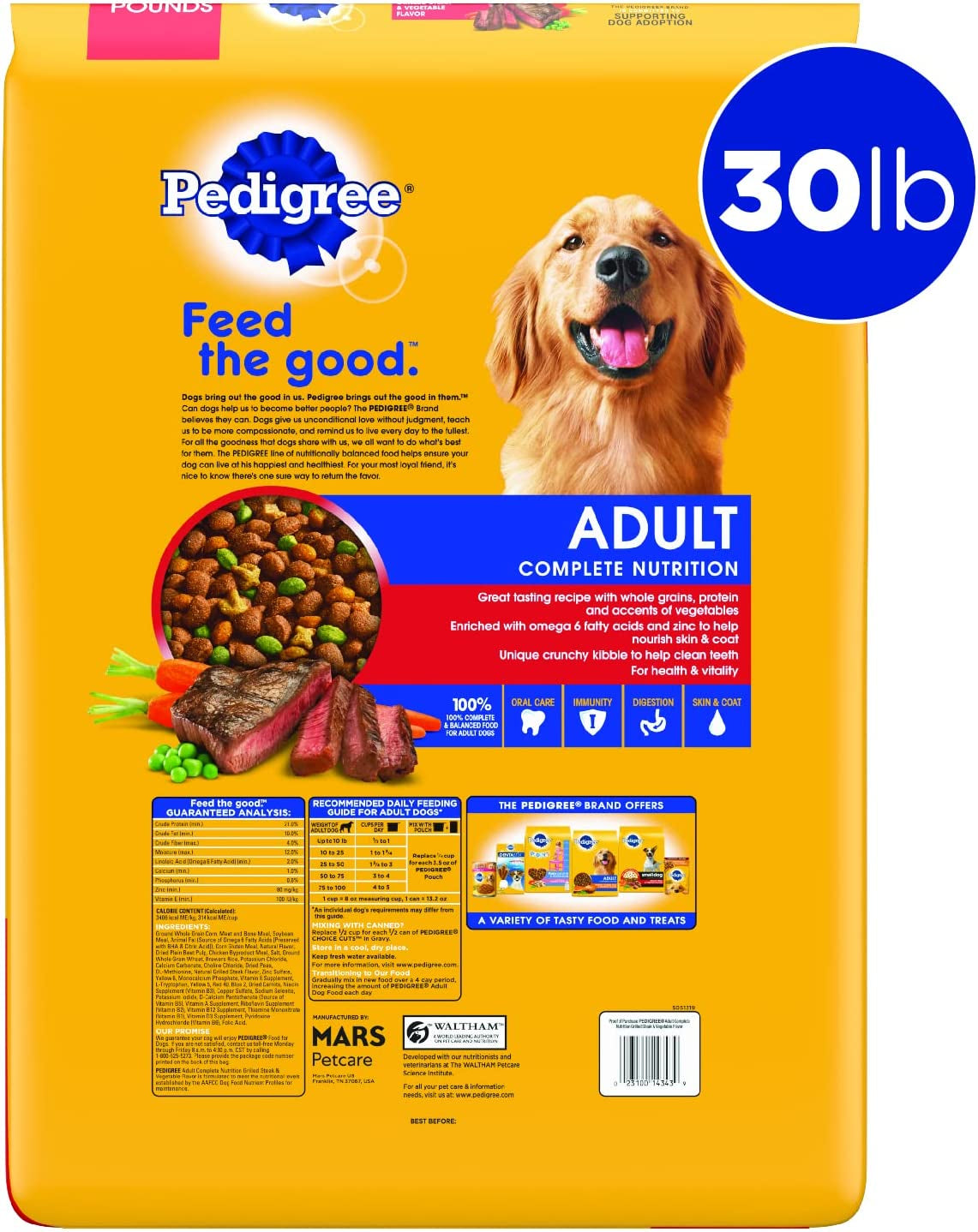 Pedigree Complete Nutrition Adult Dry Dog Food Grilled Steak & Vegetable Flavor Dog Kibble, 30 Lb. Bag