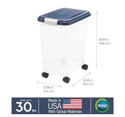 IRIS USA 30 Lbs / 33 Qt WeatherPro Airtight Pet Food Storage Container with Attachable Casters, For Dog Cat Bird and Other Pet Food Storage Bin, Keep Fresh, Translucent Body, Easy Mobility, Navy