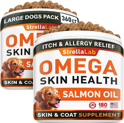 STRELLALAB Omega 3 for Dogs - (360Ct) Fish Oil Treats - Allergy & Itch Relief Skin&Coat Supplement - Dry Itchy Skin, Shedding, Hot Spots Treatment, anti Itch - Pet Salmon Oil Chews - Salmon Flavor