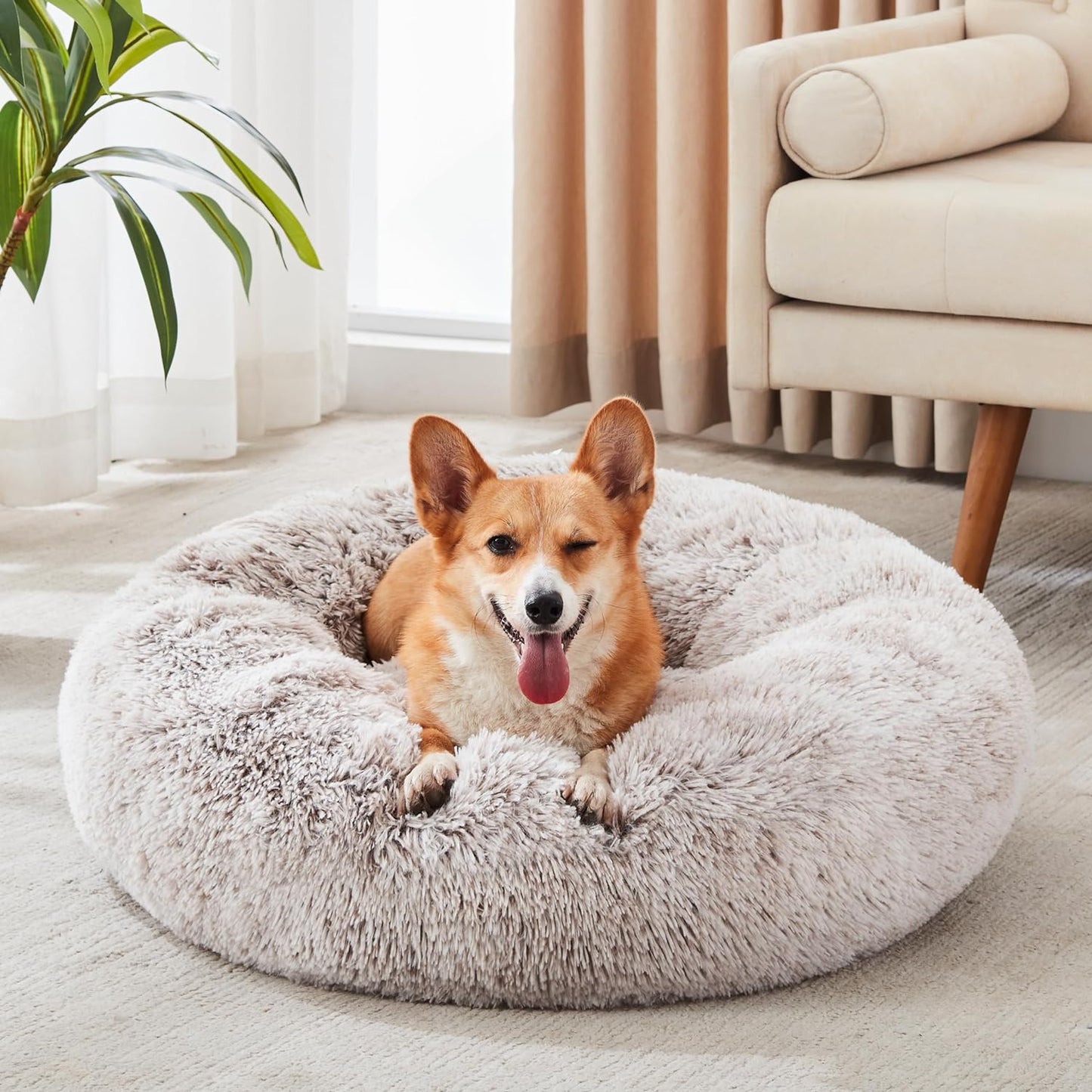 WESTERN HOME WH Calming Dog & Cat Bed, Anti-Anxiety Donut Cuddler Warming Cozy Soft round Bed, Fluffy Faux Fur Plush Cushion Bed for Small Medium Dogs and Cats (20"/24"/27"/30")