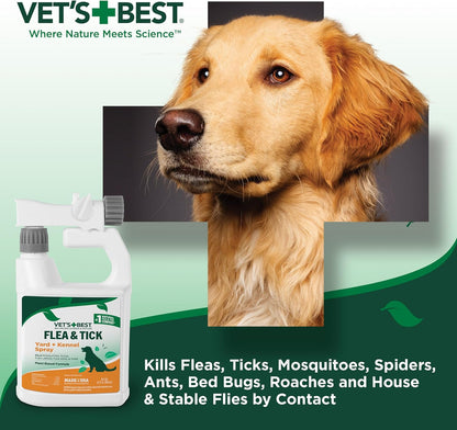 Vet'S Best Flea and Tick Yard and Kennel Spray - Kills Mosquitoes with Certified Natural Oils - Plant Safe with Ready-To-Use Hose Attachment - 32 Oz