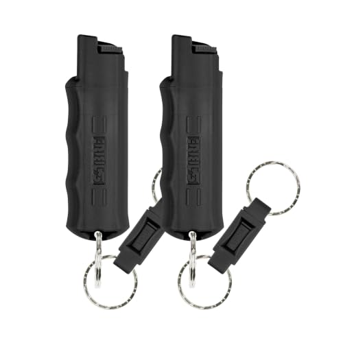 SABRE Pepper Spray with Quick Release Keychain for Self Defense – Maximum Police Strength OC Spray with UV Marking Dye, Twist Lock Safety, Finger Grip, 10‑Second Spray, 14‑ft Range, Made in USA