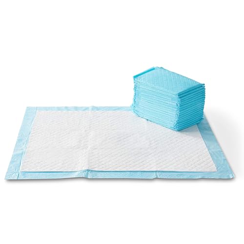 Amazon Basics X-Large Heavy Duty Absorbent Puppy Potty Pads, Leak-Proof, Quick-Dry, Super Absorbent Gel Technology for Dog Training, 28 x 34 Inches, Blue & White, Pack of 50