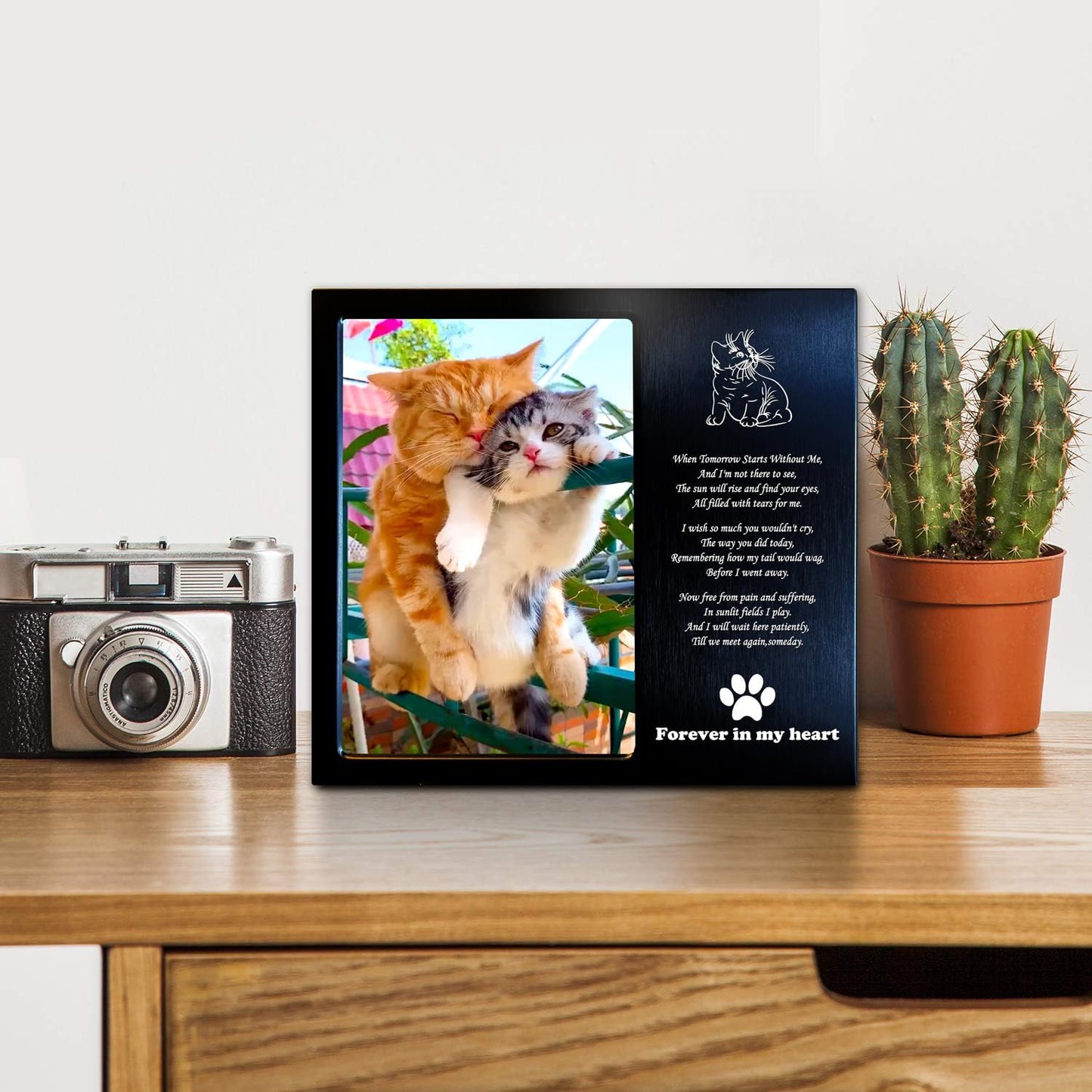 Cat Memorial Gift (Opts) Personalized Metal Wood - Pet Memorial Picture Frame 4X6 for Loss of Cats. (C02B)