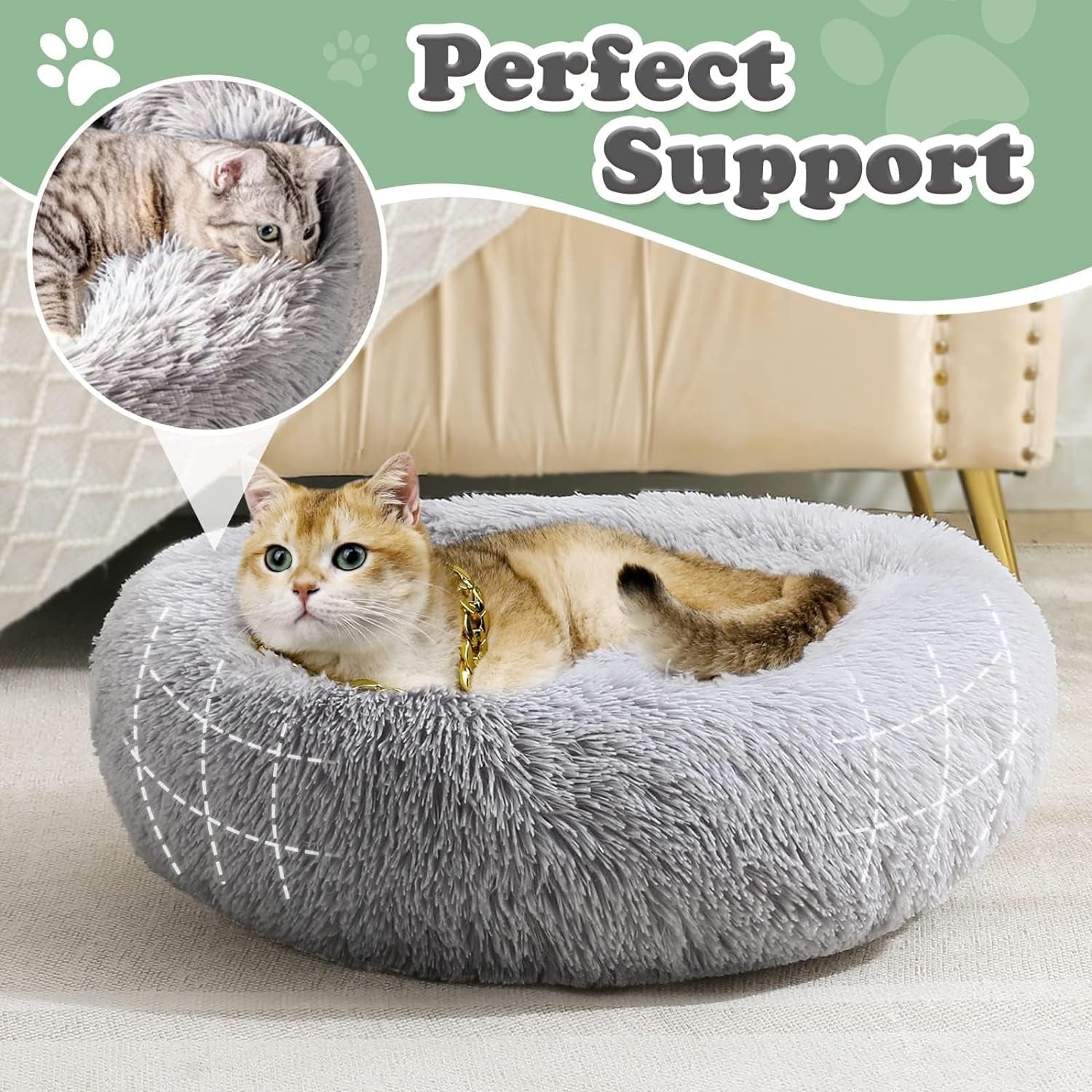 JOLLYVOGUE Calming Donut Dog Bed & Cat Bed, Anti-Anxiety Washable Dog round Bed, Fluffy Faux Fur Plush Dog Cuddler Bed, Warming Cozy Soft Dog Cat Cushion Bed for Small Dogs and Cats (20",Black)