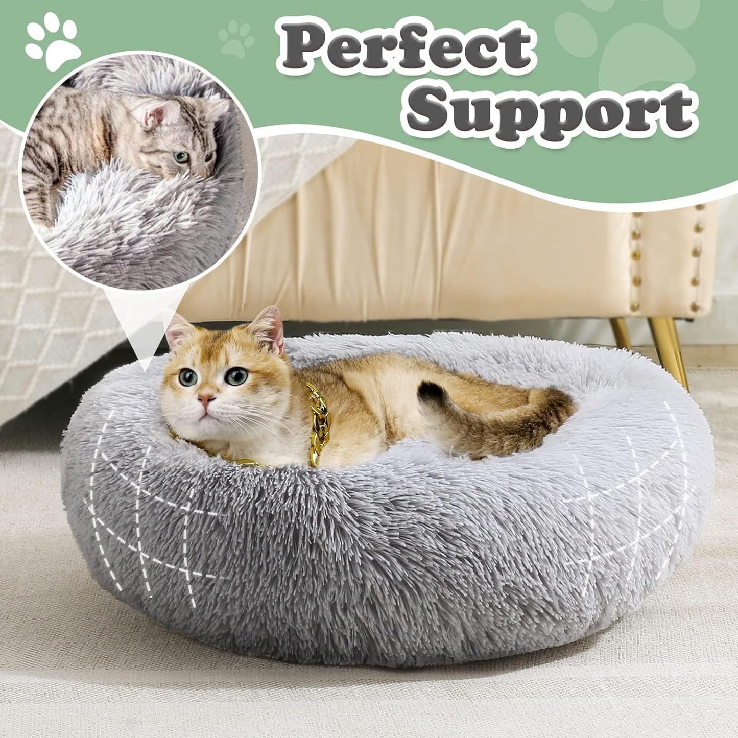 JOLLYVOGUE Calming Donut Dog Bed & Cat Bed, Anti-Anxiety Washable round Bed, Fluffy Dog Cuddler Bed, Cozy Dog Cat Cushion Bed for Small Puppy (20")