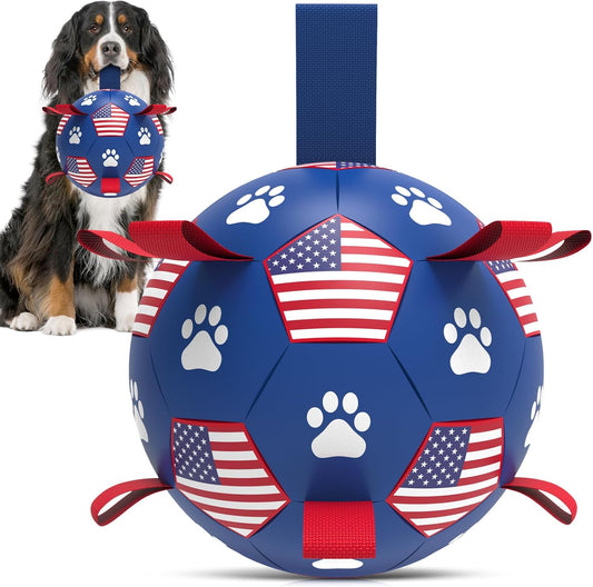 Dog Toys Soccer Ball with Straps - Durable Dog Balls for Extra Large Dogs, Beach Pool Dog Water Toy, Puppy Dog Birthday Gifts, Herding Balls for Dog (9 Inch)