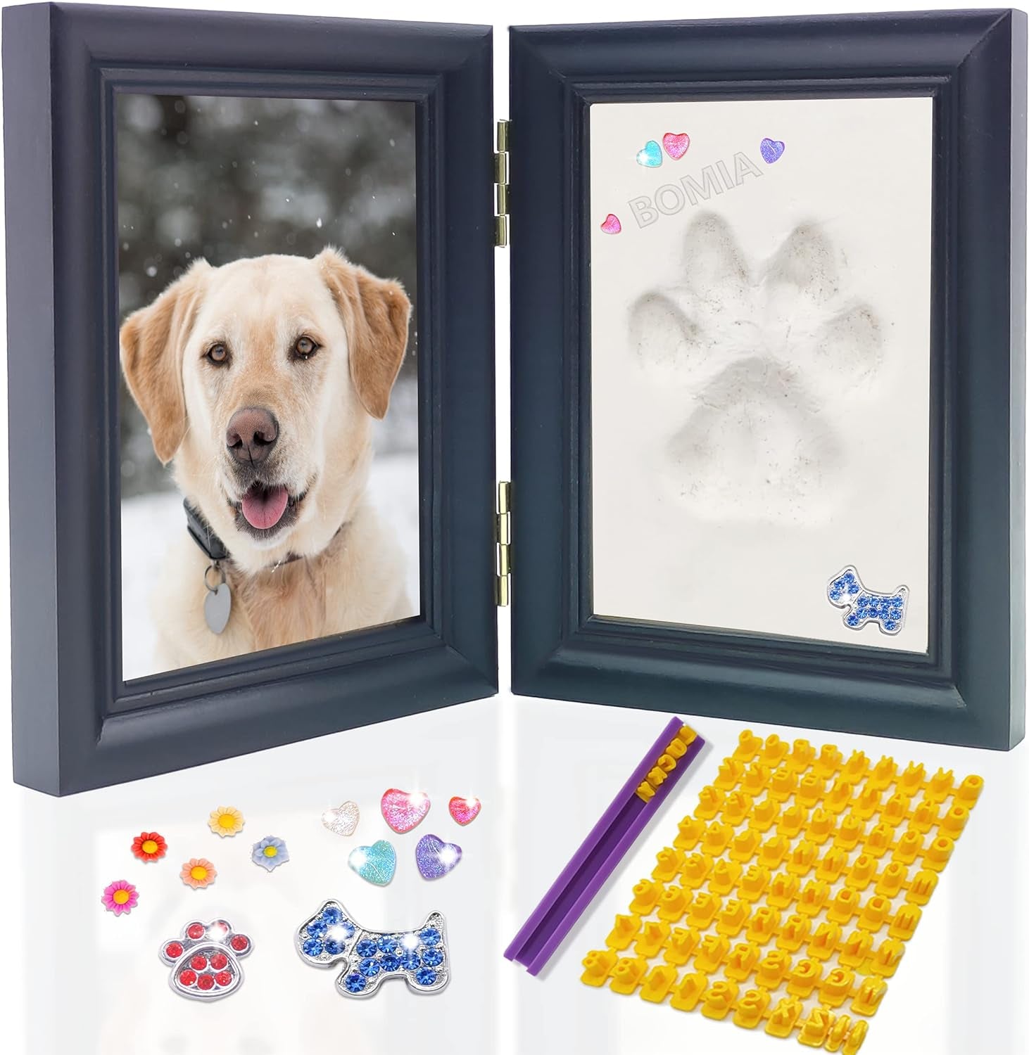 Dog or Cat Paw Print Frame Kit with Trinkets,Large Pawprint Area,Pet Paw Print Impression Kit with Sofe Clay,Wooden Dog Picture Frame,Personalized Gift Keepsake for Pet Lovers-Large Black