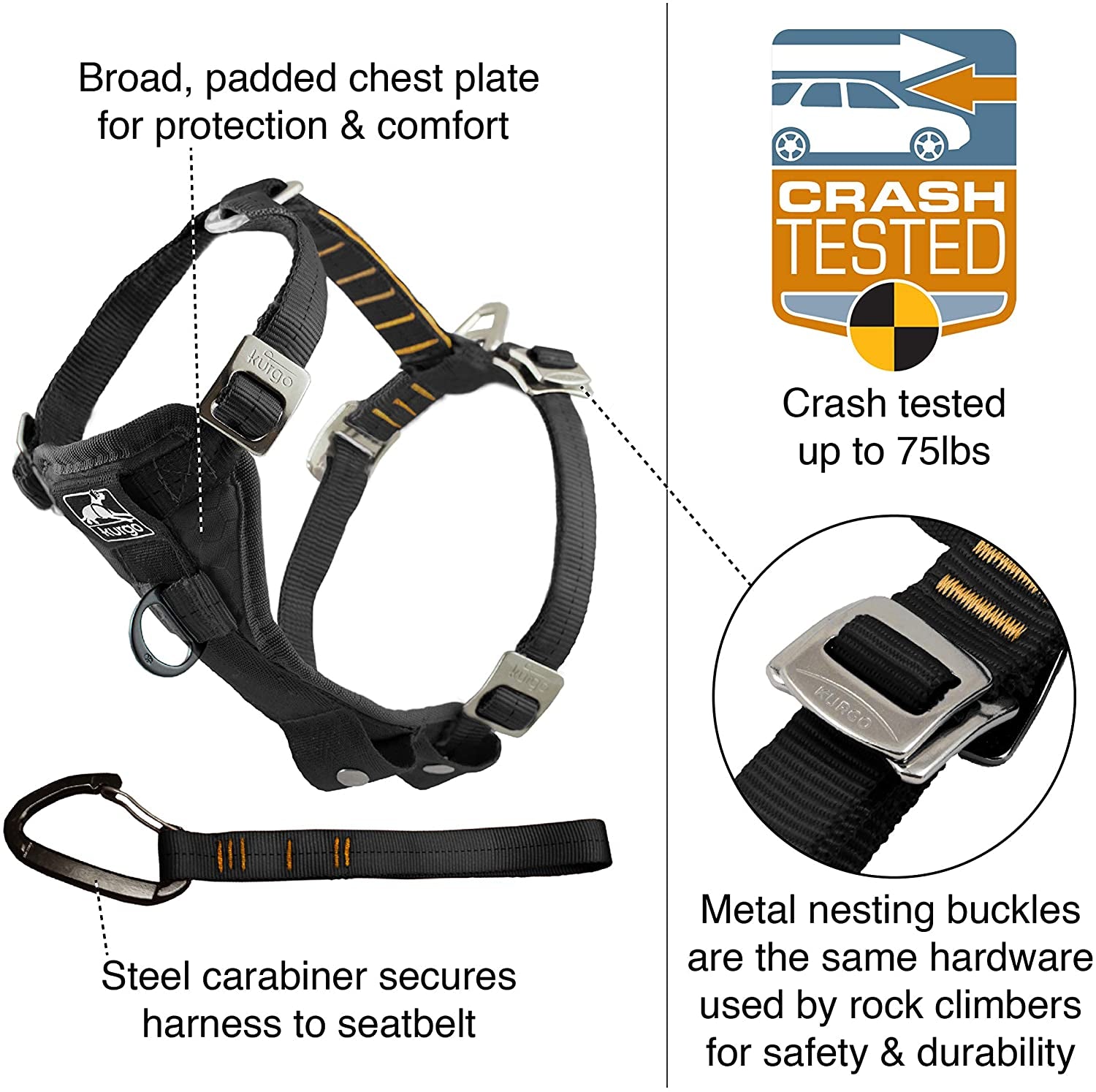 Kurgo Tru-Fit Enhanced Strength Dog Harness - Crash Tested Car Safety Harness for Dogs, No Pull Dog Harness, Includes Pet Safety Seat Belt, Steel Nesting Buckles (Deep Violet, Small)