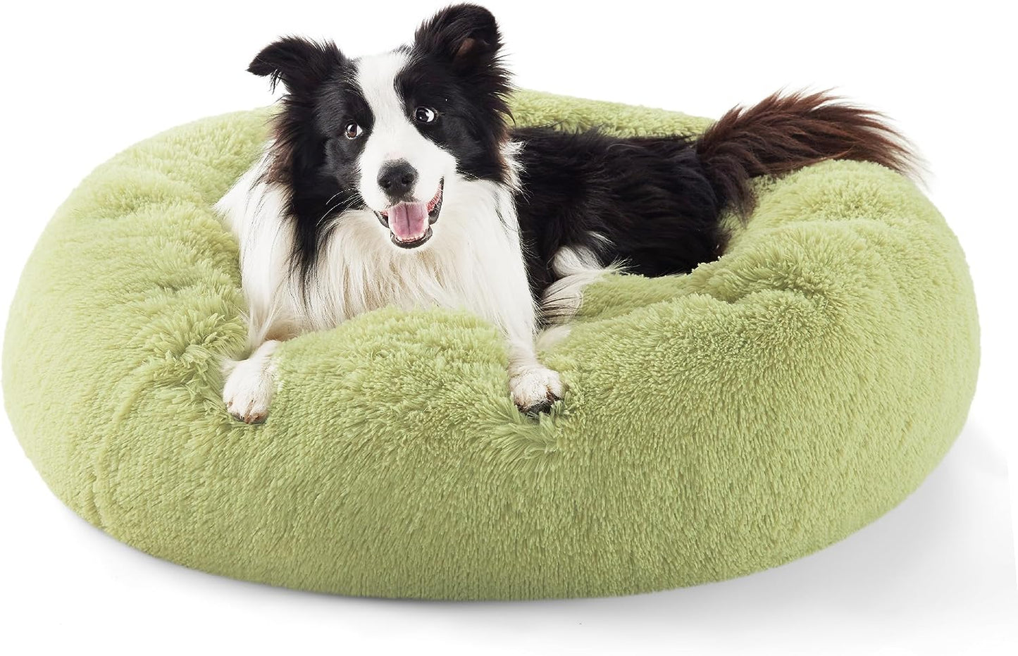 Bedsure Calming Dog Bed for Large Dogs - Donut Washable Large Pet Bed, Anti-Slip round Fluffy Plush Faux Fur Dog Bed, Fits up to 100 Lbs Pets, Green, 36 Inches