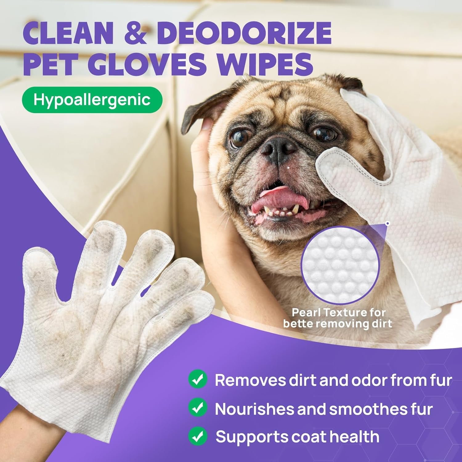 Cleaning Deodorizing Bathing Wipes for Dogs & Cats, Hypoallergenic Dog Cleaning Glove Wipes with Coconut Oil Nourishing Grooming Fur, Cat Cleaning Wipes for Daily Care and Traveling