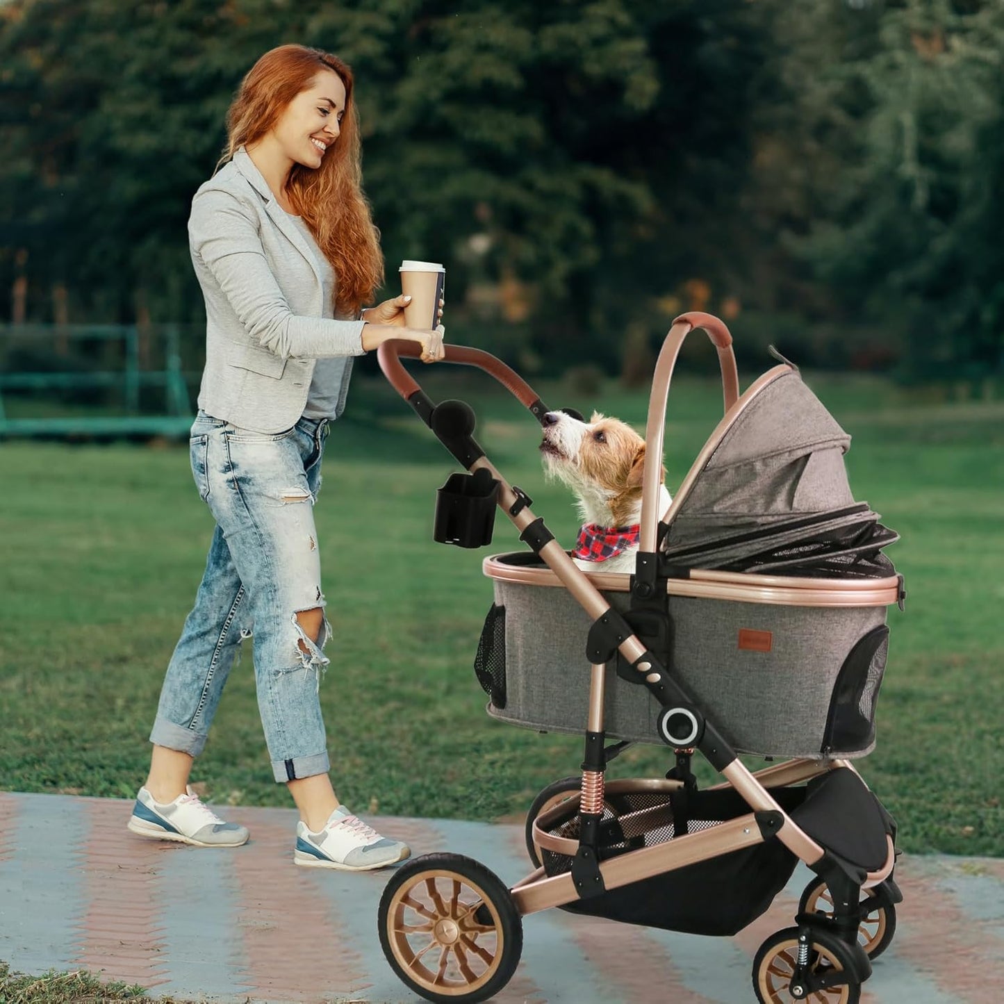 Pet Stroller with 4 Wheels, Foldable Pet Travel Carrier for Small/Medium Dogs Cats up to 50lbs, Detachble Portable Pet Bag, Storage Basket, Car Seat 3 in 1 Multifunctional (Grey)