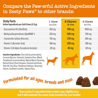 Zesty Paws Hip and Joint Supplement for Dogs - Glucosamine for Dog Joint Supplement - with Chondroitin, MSM, Vitamins C and E for Dog Joint Relief - Mobility Bites Bacon – 50 Count