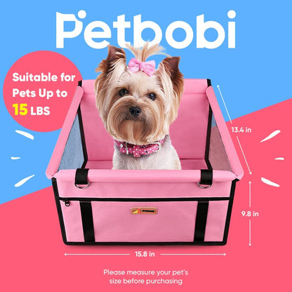 Petbobi Pet Reinforce Car Booster Seat for Dog Cat Portable and Breathable Bag with Seat Belt Dog Carrier Safety Stable for Travel Look Out,With Clip on Leash with PVC Tube, Pink