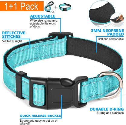 Reflective Dog Collar Padded with Soft Neoprene Breathable Adjustable Nylon Dog Collars for Small Medium Large Dogs (X-Small (Pack of 1), Blue Collar+Leash)