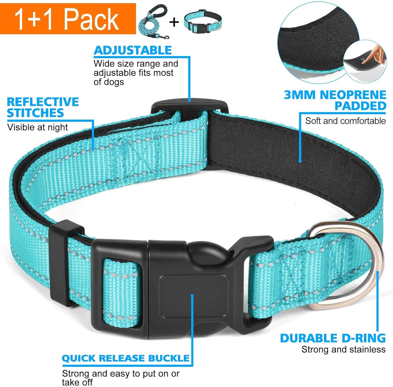 Reflective Dog Collar Padded with Soft Neoprene Breathable Adjustable Nylon Dog Collars for Small Medium Large Dogs (Medium (Pack of 1), Vanilla Plaid Collar+Leash)