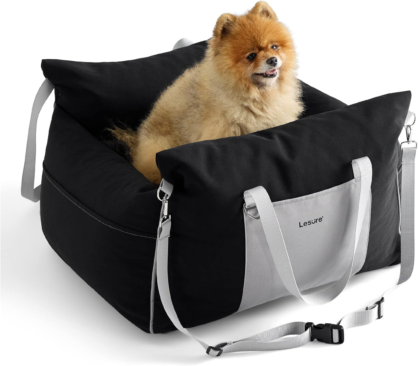 Lesure Small Dog Car Seat for Small Dogs - Sherpa Dog Booster Seat for Car with Storage Pockets and Clip-On Safety Leash and Thickened Memory Foam Filling, Puppy Travel Carrier Bed, Espresso