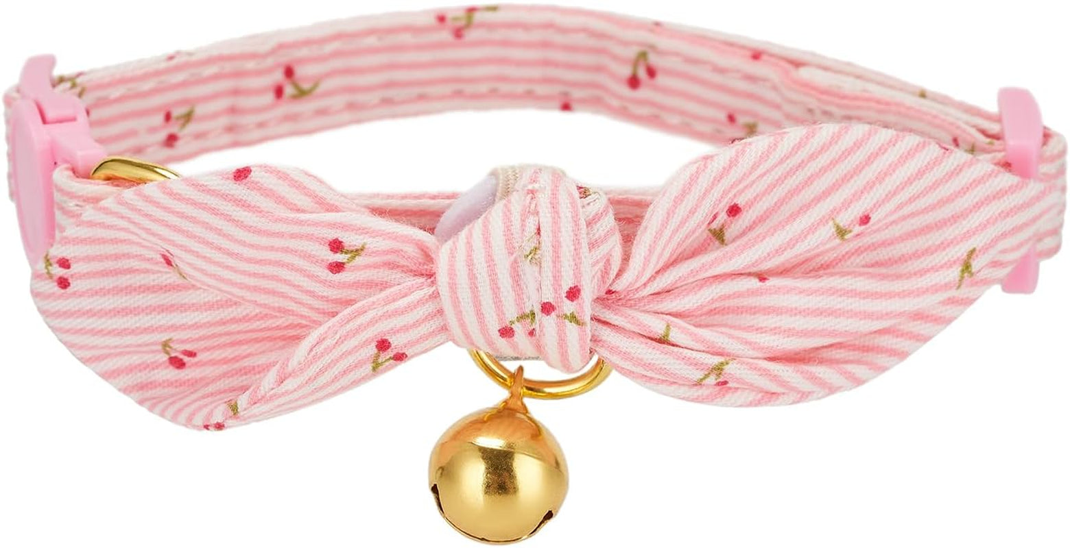 Cotton Bowtie Cat Collar with Bell 2 Pack Adjustable Breakaway Kitten Collars with Removeable Bow Pink Girl Cat Collars