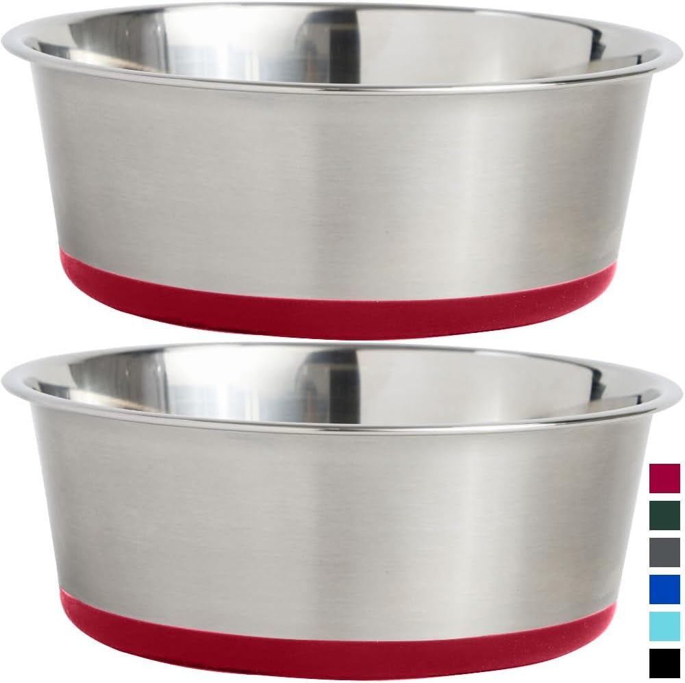 Gorilla Grip Stainless Steel Metal Dog Bowl Set of 2, Rubber Base, Heavy Duty, Rust Resistant, Food Grade BPA Free, Less Sliding, Quiet Pet Bowls for Cats and Dogs, Holds 8 Cups (64 Fl Oz), Red