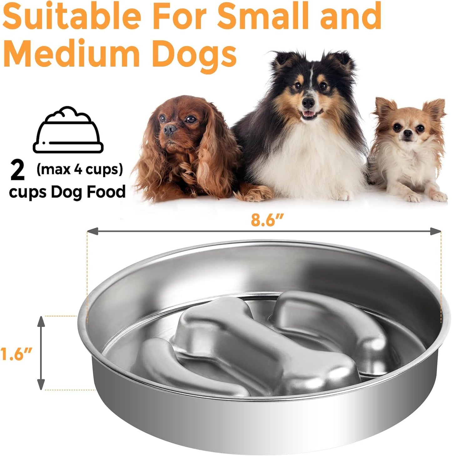 Vannon Stainless Steel Slow Feeder Dog Bowls Non-Slip Slow Feeding Dog Bowl Metal Dog Food Bowl That Slow Down Eating Anti-Choking Puzzle Dog Food Bowls for Small Medium Dogs, 4 Cups, Bone Shape