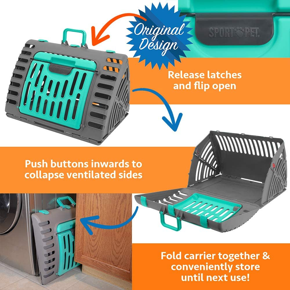 Sportpet Designs Foldable Travel Cat Carrier - Front Door Plastic Collapsible Carrier Collection, Waterproof Bed