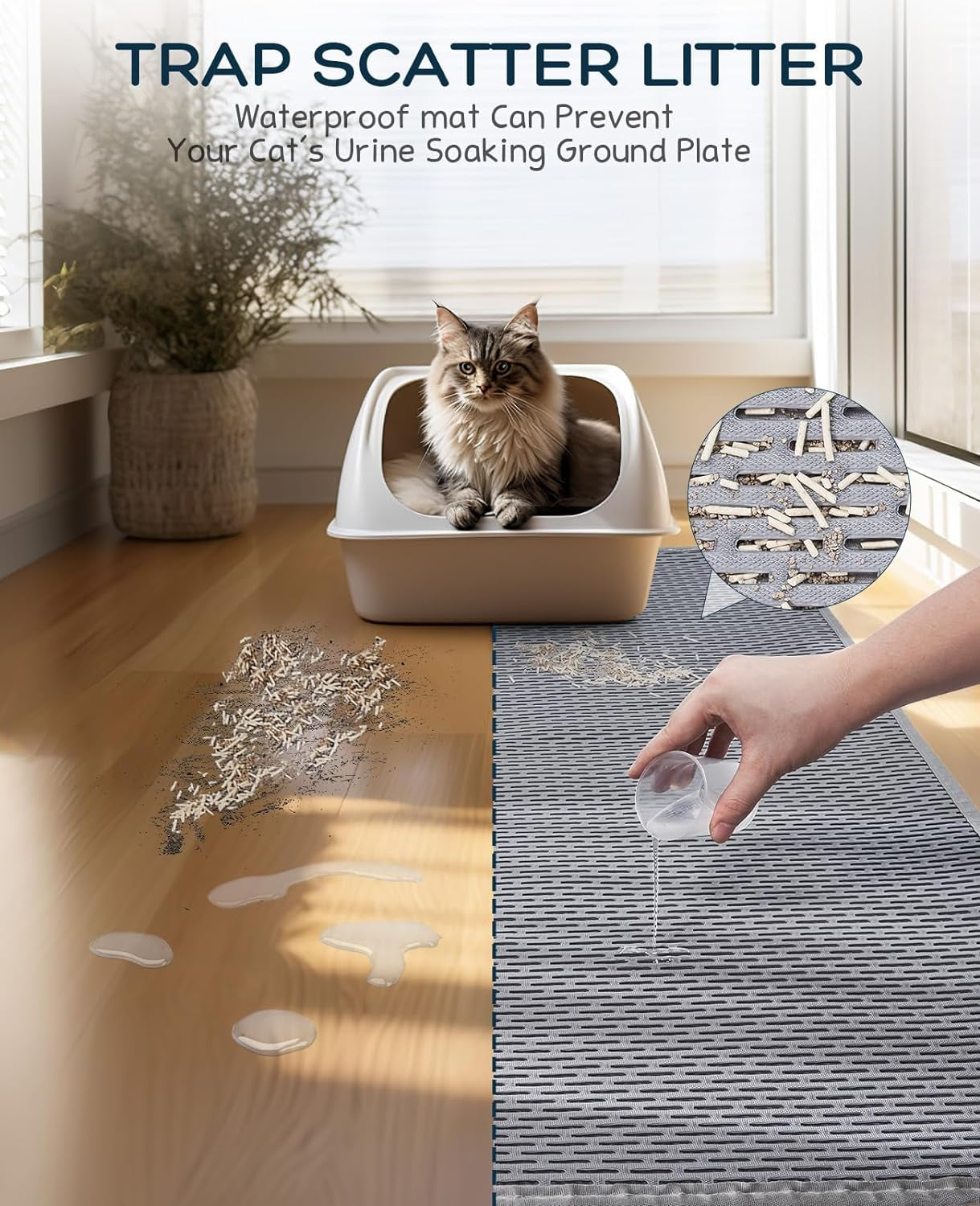 Burgeonnest 45"X 32" Cat Litter Mat, Velcro Design, Washable Extra Large XL Kitty Litter Trapping Mat, Smooth and Comfortable Material Litter Box Mat, Fewer Creases