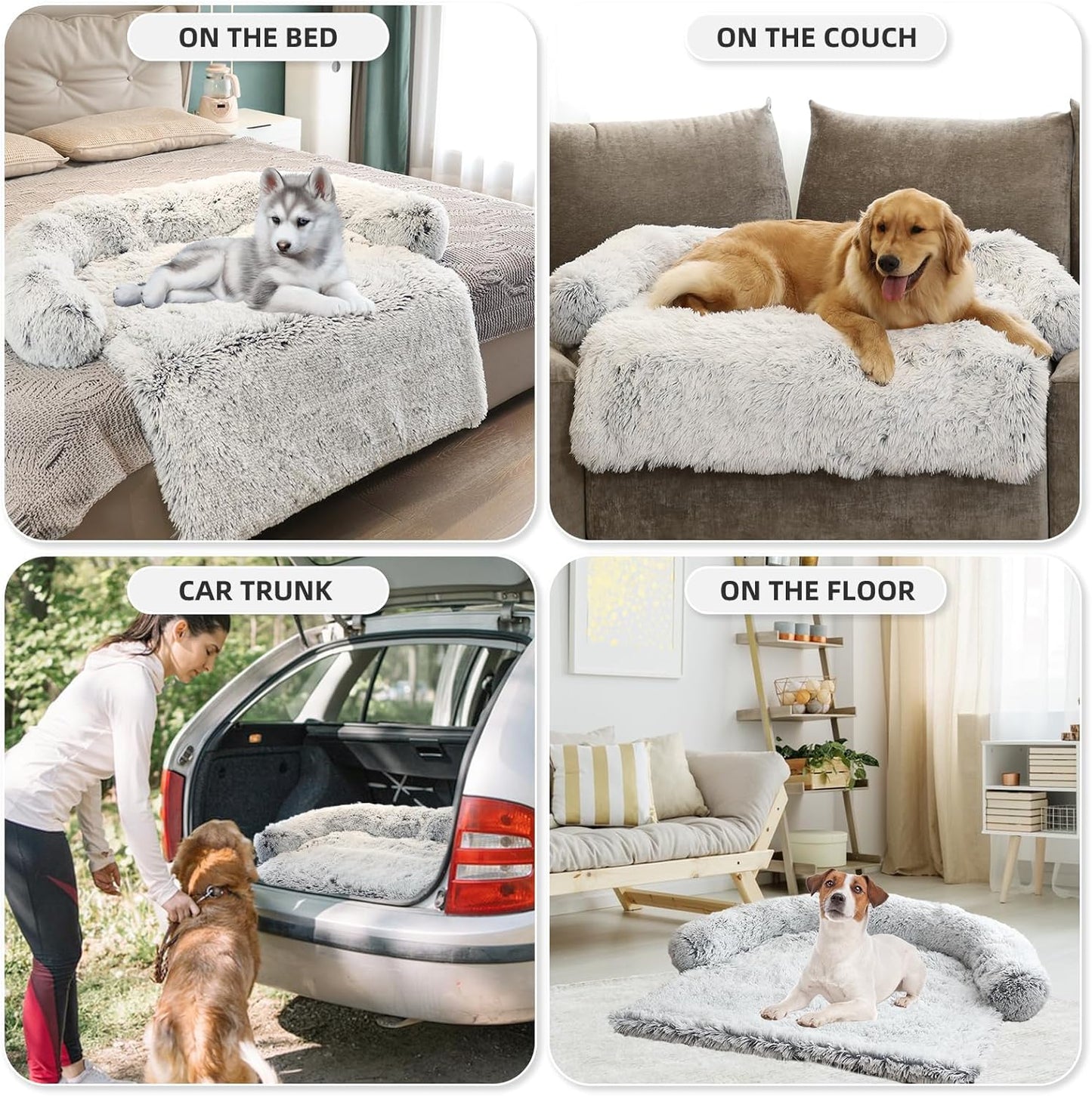 Calming Dog Bed Fluffy Plush Dog Mat for Furniture Protector with Removable Washable Cover for Large Medium Small Dogs and Cats (Extra Large (53x39.3x6), Light Grey)