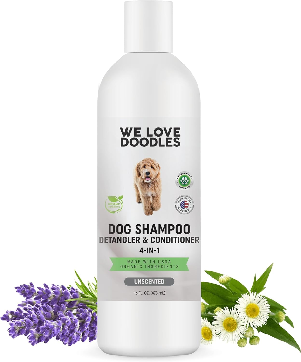 USDA Organic Dog Shampoo, Conditioner & Detangler - Best Shampoo for Goldendoodles, Poodles & Doodles - for Matted Pet Hair - Sensitive Skin Shampoo for Puppies - Made in the USA, 16OZ (Unscented)