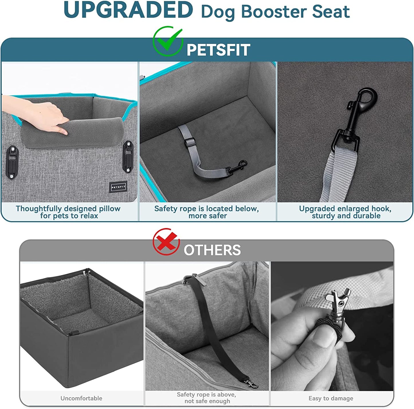 Petsfit Dog Booster Seat, Portable Dog Car Seats for Small Dogs with Clip-On Leash, Patent Safe Buckles, Dog Booster Car Seat Perfect for Small Pets up to 25Lbs (Light Grey)