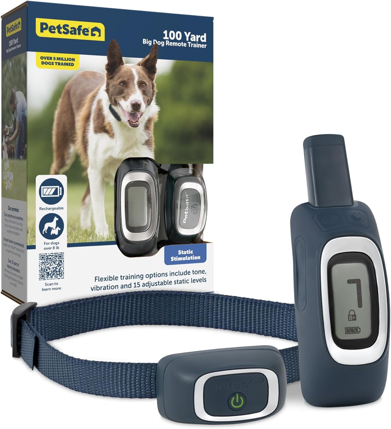 Petsafe 100 Yard Remote Trainer, Rechargeable, Waterproof, Tone/Vibration/15 Levels of Static Stimulation for Dogs over 8 Lb., Navy