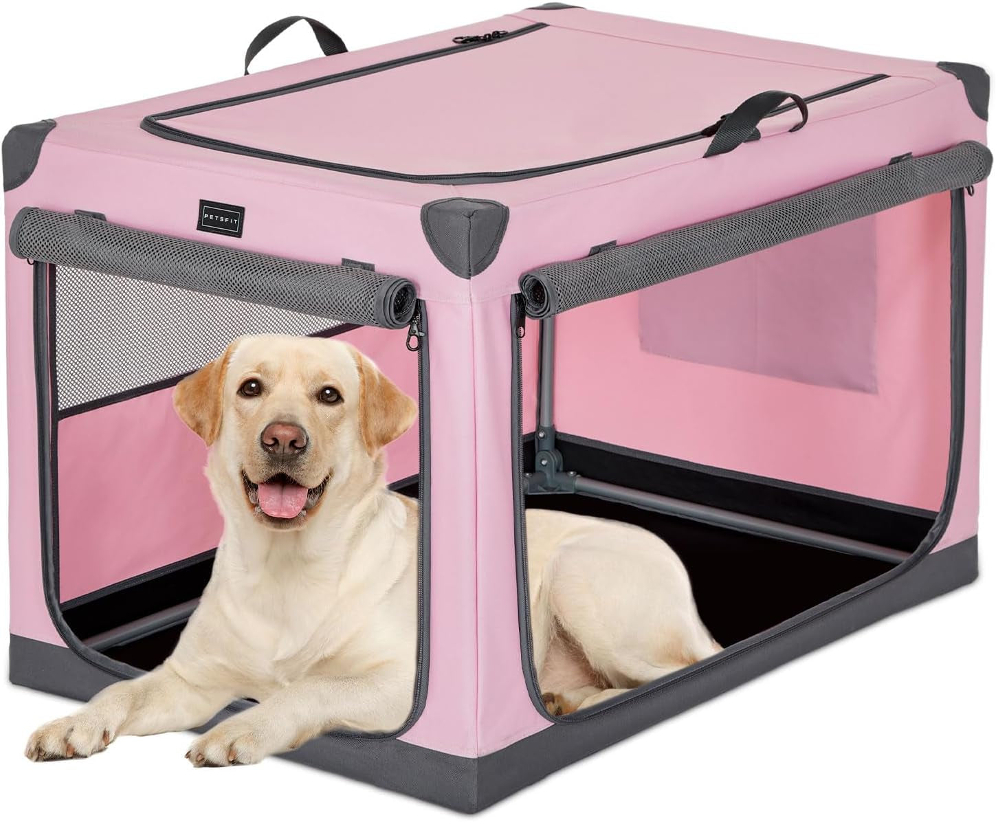 Petsfit Soft Dog Crate 36Inch Pink, Adjustable Fabric Cover by Spiral Iron Pipe, Chew Proof Strengthen Sewing Collapsible Dog Crate 3 Door Design