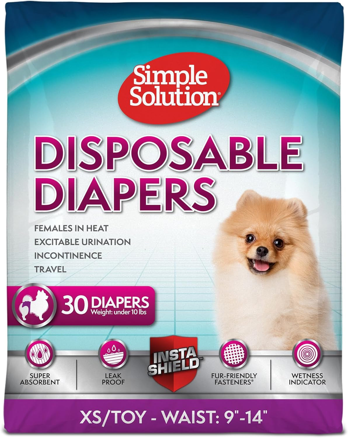 Simple Solution True Fit Disposable Dog Diapers for Female Dogs | Super Absorbent with Wetness Indicator | Xs/Toy | 30 Count