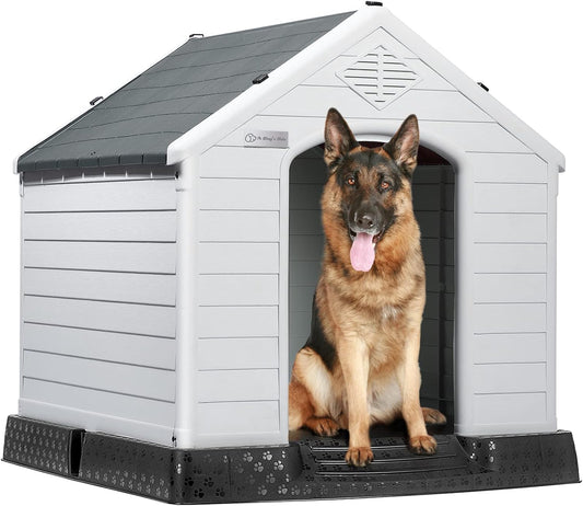 LEMBERI Durable Waterproof Plastic Dog House for Small to Large Sized Dogs, Indoor Outdoor Doghouse Insulated Puppy Shelter with Elevated Floor, Easy to Assemble (Gray, 34''L*31''W*32''H)