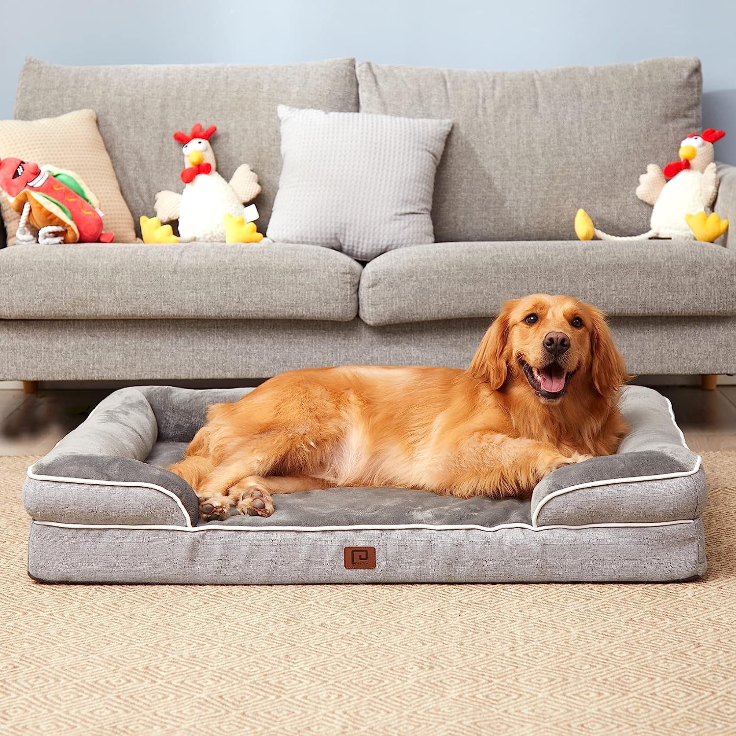 EHEYCIGA Orthopedic Dog Beds for Large Dogs, Waterproof Memory Foam Large Dog Bed with Sides, Non-Slip Bottom and Egg-Crate Foam Large Dog Couch Bed with Washable Removable Cover, Beige