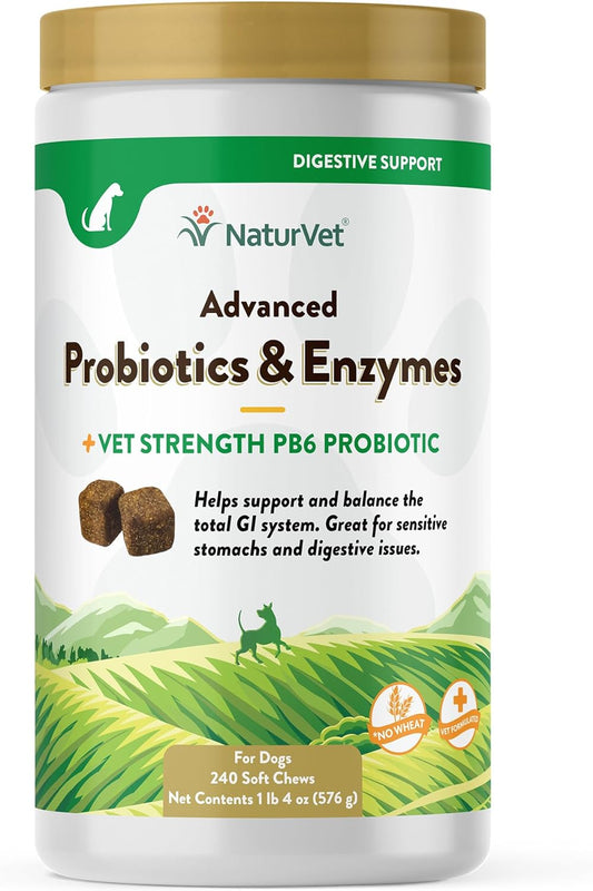 Naturvet – Advanced Probiotics & Enzymes - plus Vet Strength PB6 Probiotic – Supports and Balances Pets with Sensitive Stomachs & Digestive Issues – for Dogs & Cats 240 Ct