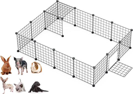 LANGXUN Metal Wire Storage Cubes Organizer, DIY Small Animal Cage for Rabbit, Guinea Pigs, Puppy | Pet Products Portable Metal Wire Yard Fence (Black, 16 Panels)