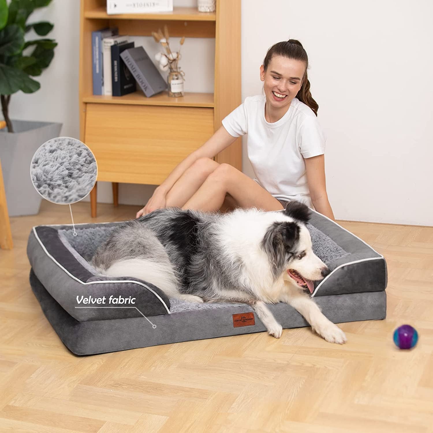 XL Dog Bed Waterproof, Extra Large Dog Beds Orthopedic Foam, Large Dog Beds with Bolster, Washable Dog Bed Sofa Pet Bed with Removable Cover & Non-Slip Bottom(X-Large,Grey White)