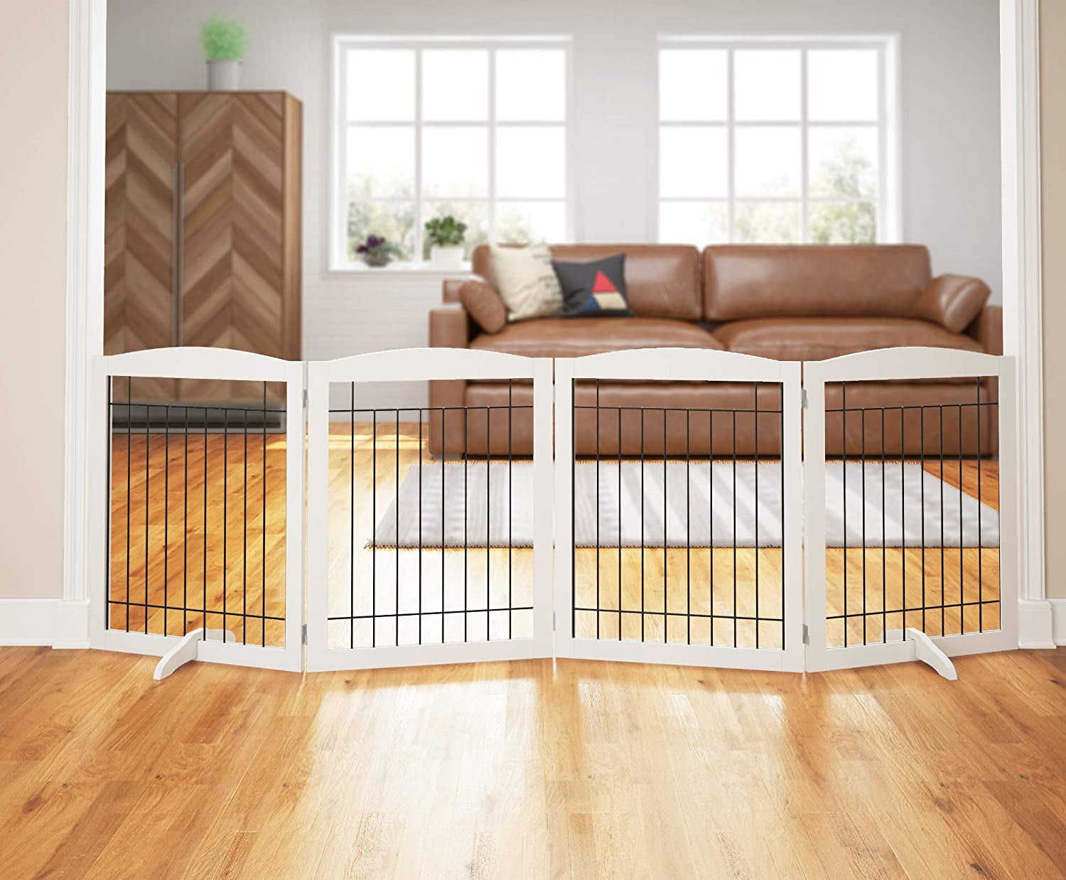 PAWLAND Extra Wide Dog Gate for the House, Doorway, Stairs, Dog Fences Indoor, Freestanding Foldable Wooden Pet Gates for Dogs, Set of Support Feet Included, 96 in Wide 30 in Tall, 4 Panels White